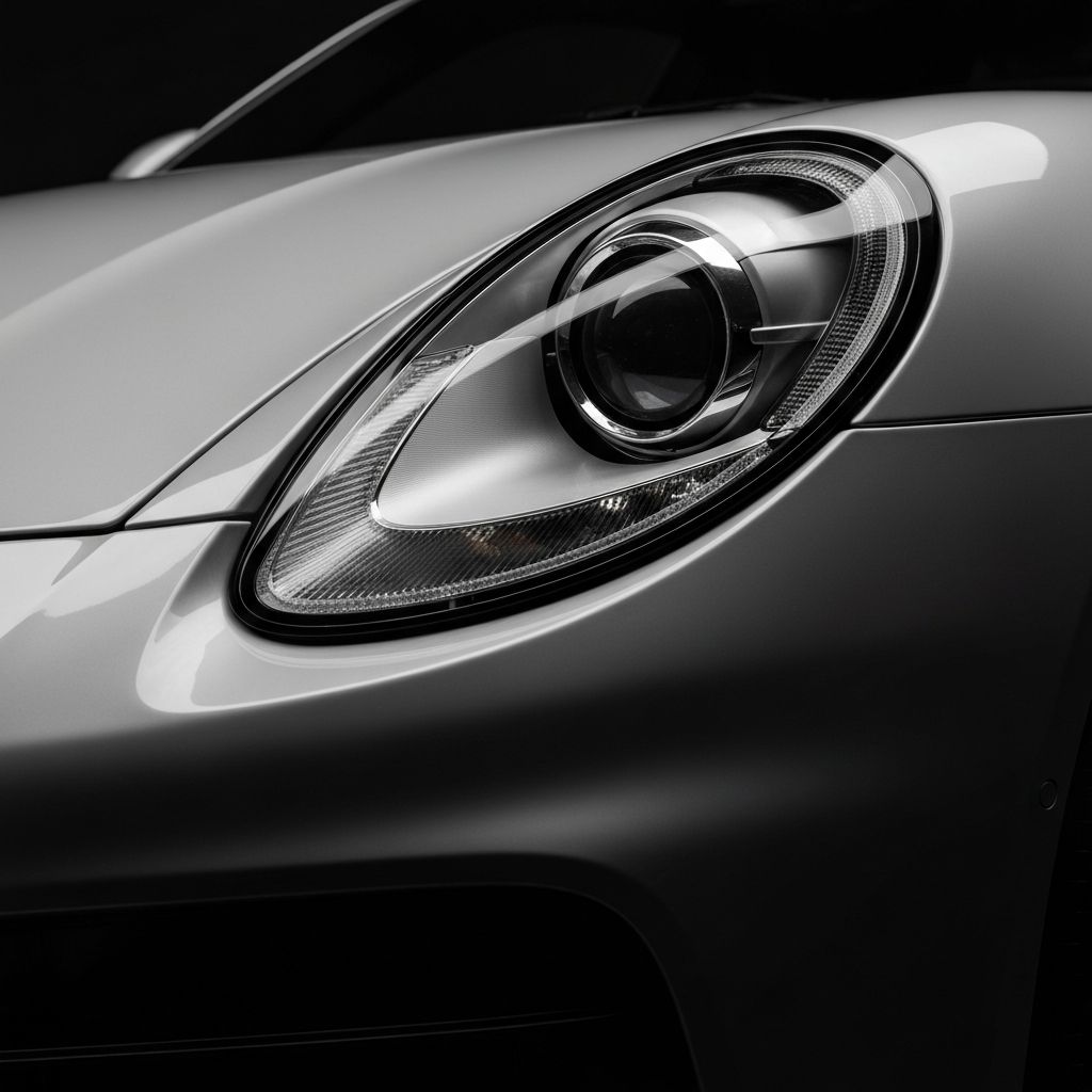 Close-up of luxury vehicle headlight and badge, representing the acquisition phase